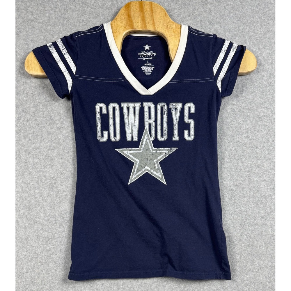 Dallas Cowboys T-Shirt Womens L Navy Excellent Austin 19 V-Neck Distressed Tee